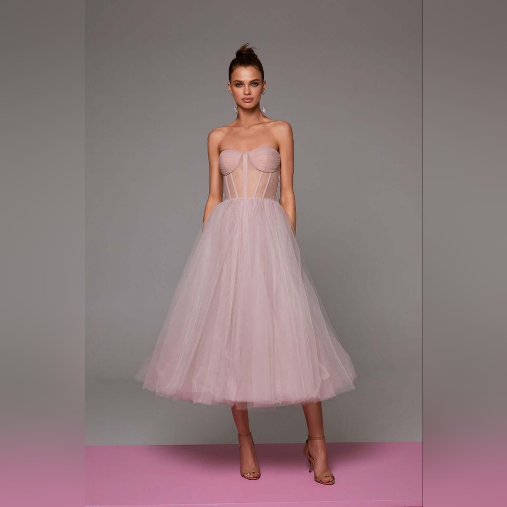 Misty Rose Strapless Puffy Midi Tulle Dress - Picture 1 of 4